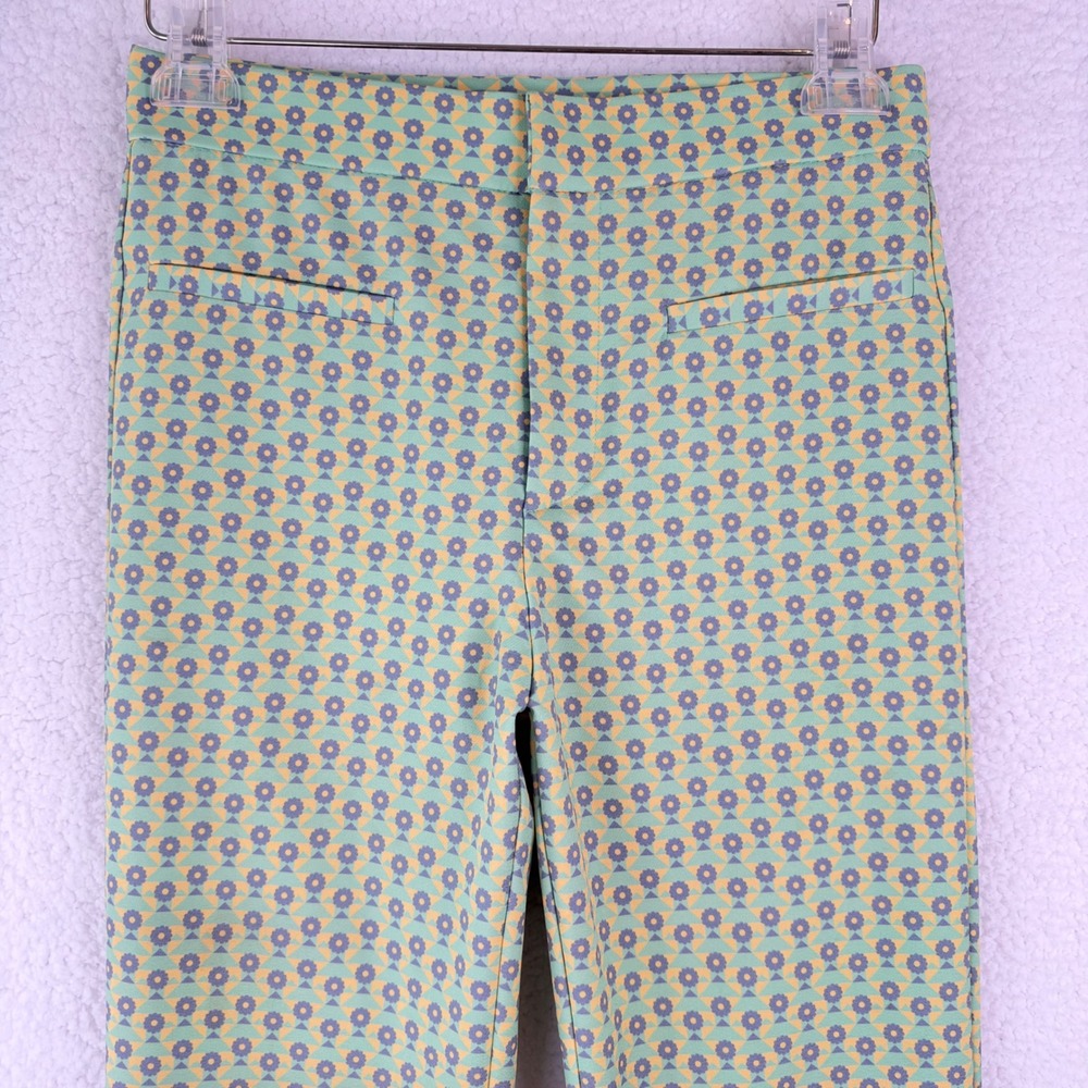 Zara Womens Size Small Green Geometric Floral High Waisted Flare Leg Pants